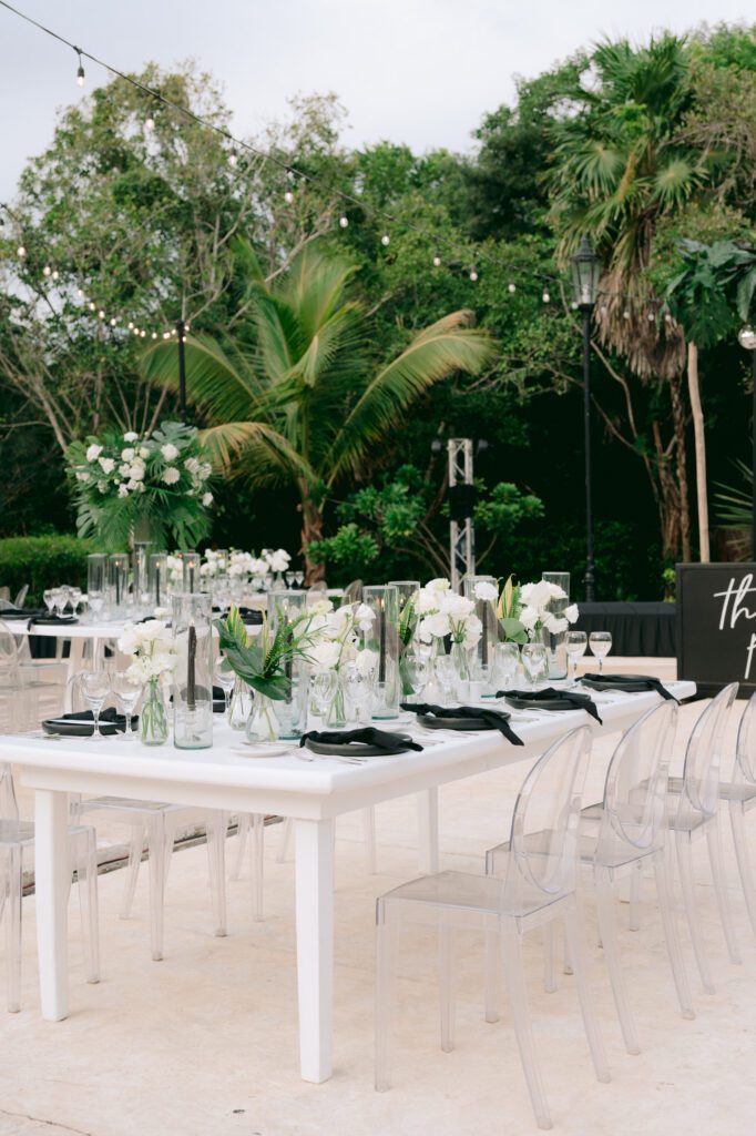 Reception table with black and white wedding details